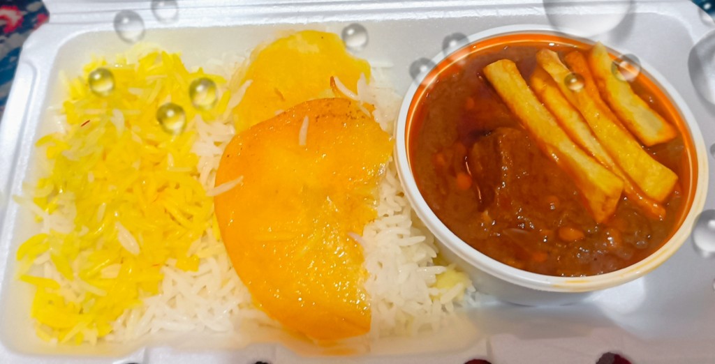 پلو زعفرانی باقیمه سیب زمینی اقتصادی